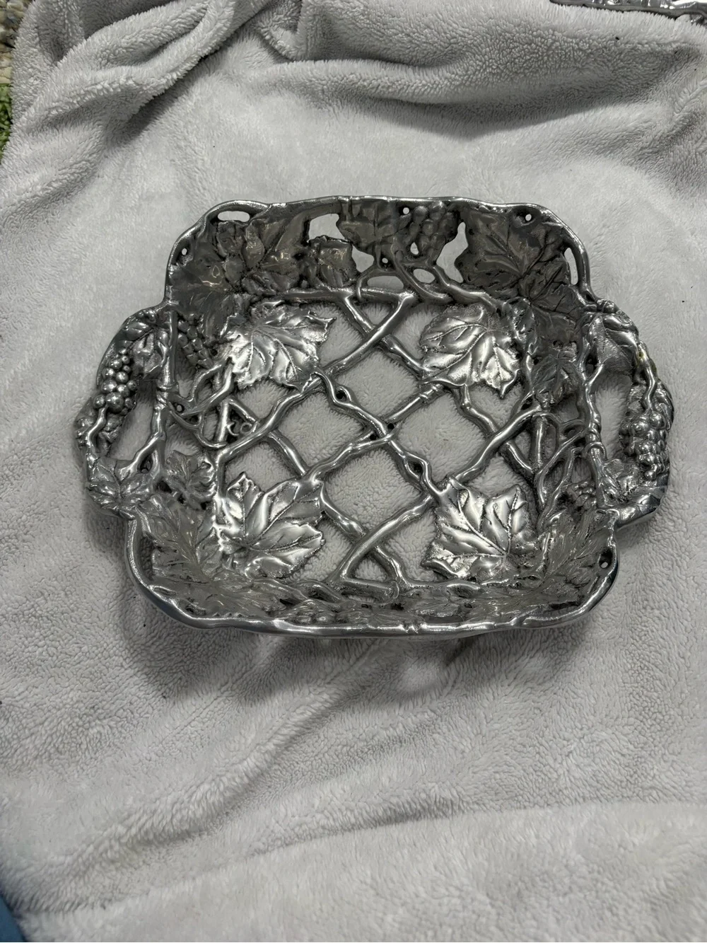 Vintage Cast Aluminum Grape & Vine Lattice Basket Bowl